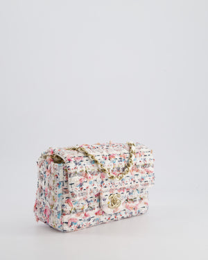 Chanel White & Multi Colour Pastel Tweed Mini Rectangular Single Flap Bag with Champagne Gold Hardware