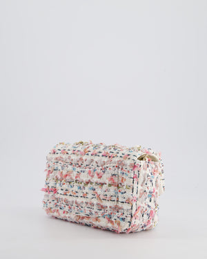 Chanel White & Multi Colour Pastel Tweed Mini Rectangular Single Flap Bag with Champagne Gold Hardware