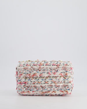 Chanel White & Multi Colour Pastel Tweed Mini Rectangular Single Flap Bag with Champagne Gold Hardware