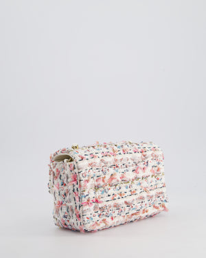 Chanel White & Multi Colour Pastel Tweed Mini Rectangular Single Flap Bag with Champagne Gold Hardware