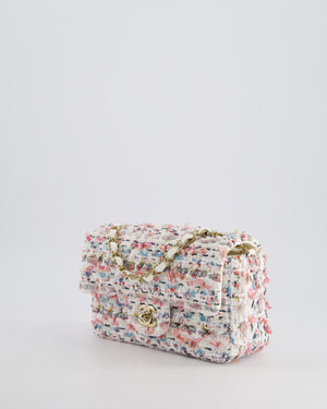 Chanel White & Multi Colour Pastel Tweed Mini Rectangular Single Flap Bag with Champagne Gold Hardware