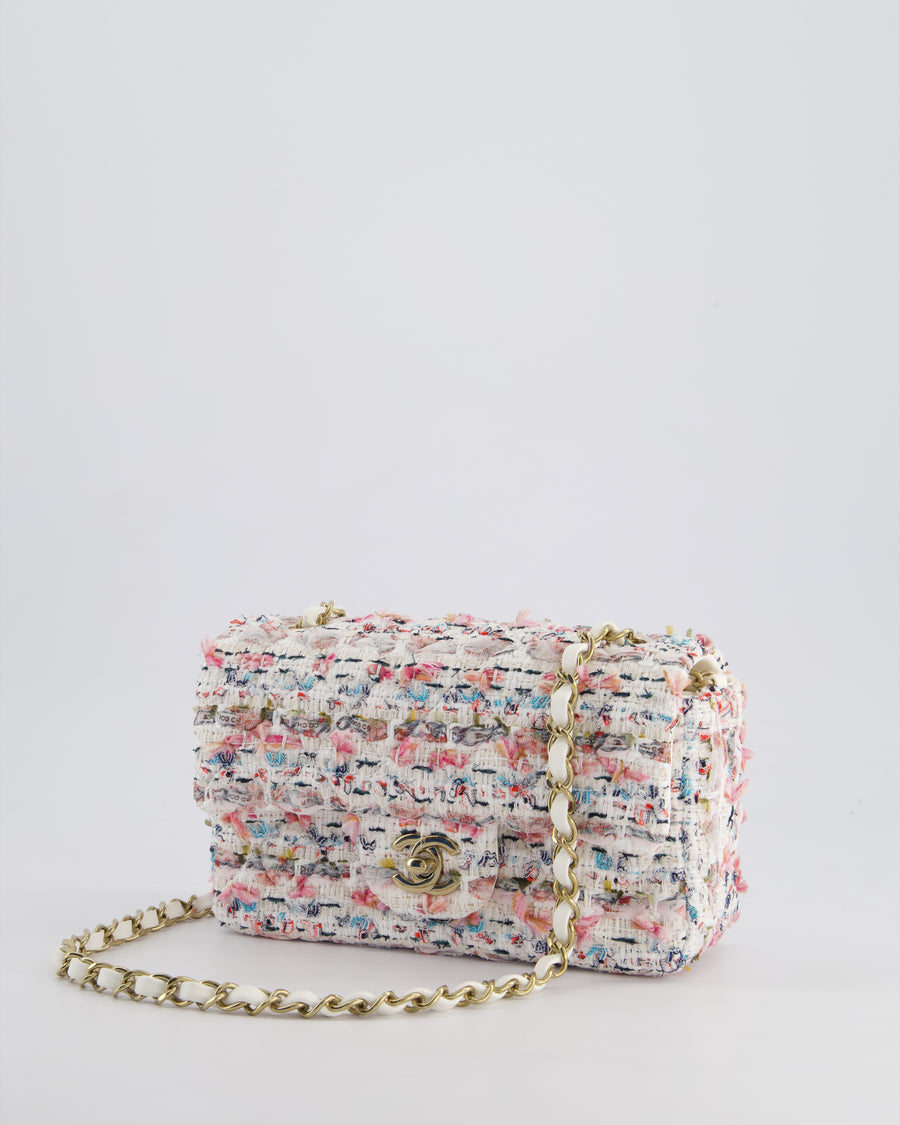 Chanel White & Multi Colour Pastel Tweed Mini Rectangular Single Flap Bag with Champagne Gold Hardware