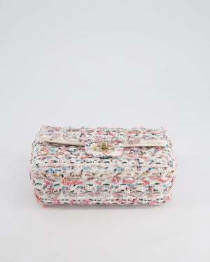 Chanel White & Multi Colour Pastel Tweed Mini Rectangular Single Flap Bag with Champagne Gold Hardware