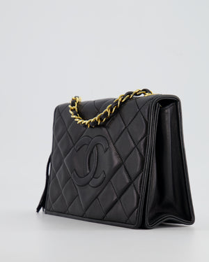 Chanel Vintage Black Diamond Flap Bag in Lambskin Leather with Tassel Charm and 24k Gold Hardware