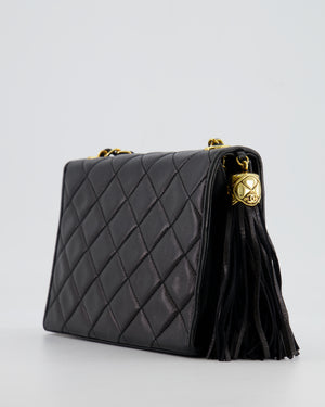 Chanel Vintage Black Diamond Flap Bag in Lambskin Leather with Tassel Charm and 24k Gold Hardware