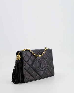 Chanel Vintage Black Diamond Flap Bag in Lambskin Leather with Tassel Charm and 24k Gold Hardware