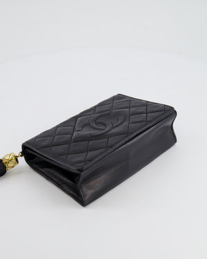 Chanel Vintage Black Diamond Flap Bag in Lambskin Leather with Tassel Charm and 24k Gold Hardware