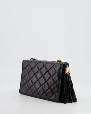 Chanel Vintage Black Diamond Flap Bag in Lambskin Leather with Tassel Charm and 24k Gold Hardware