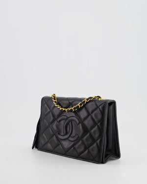 Chanel Vintage Black Diamond Flap Bag in Lambskin Leather with Tassel Charm and 24k Gold Hardware