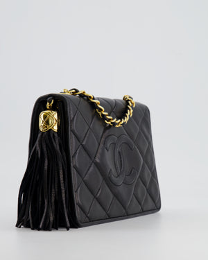 Chanel Vintage Black Diamond Flap Bag in Lambskin Leather with Tassel Charm and 24k Gold Hardware