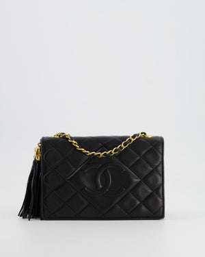 Chanel Vintage Black Diamond Flap Bag in Lambskin Leather with Tassel Charm and 24k Gold Hardware