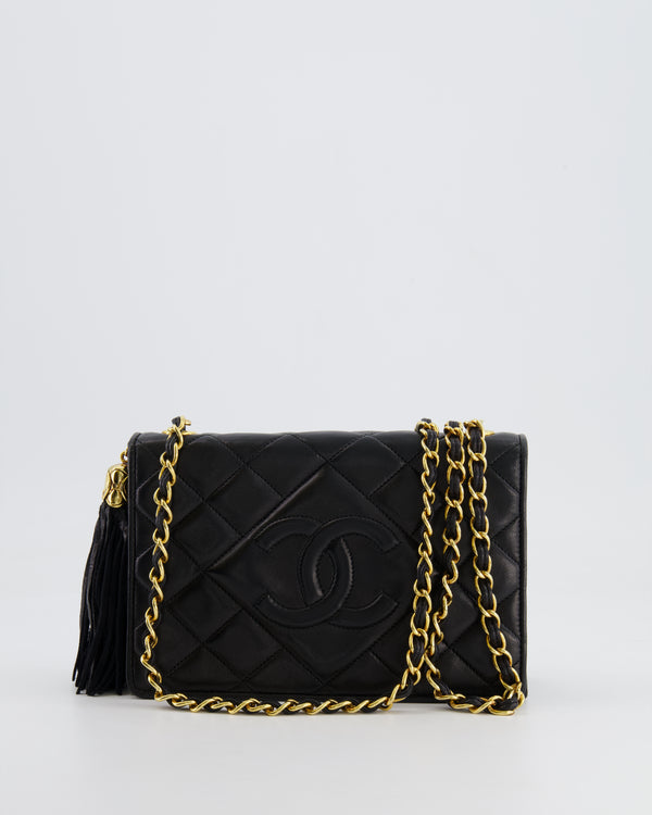 Chanel Vintage Black Diamond Flap Bag in Lambskin Leather with Tassel Charm and 24k Gold Hardware