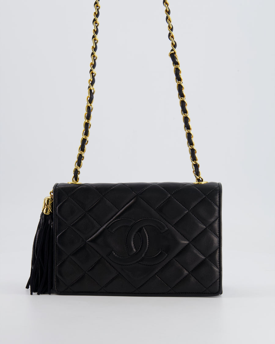 Chanel Vintage Black Diamond Flap Bag in Lambskin Leather with Tassel Charm and 24k Gold Hardware