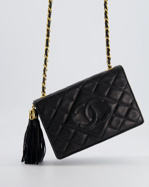 Chanel Vintage Black Diamond Flap Bag in Lambskin Leather with Tassel Charm and 24k Gold Hardware