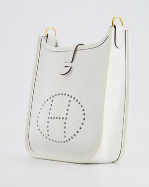 Hermès Mini Evelyne Bag in White Clemence Leather with Gold Hardware and White Canvas Strap