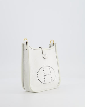 Hermès Mini Evelyne Bag in White Clemence Leather with Gold Hardware and White Canvas Strap