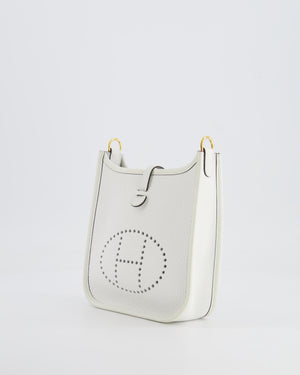 Hermès Mini Evelyne Bag in White Clemence Leather with Gold Hardware and White Canvas Strap