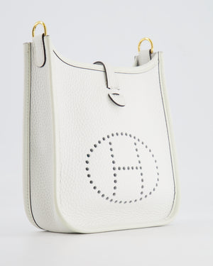 Hermès Mini Evelyne Bag in White Clemence Leather with Gold Hardware and White Canvas Strap