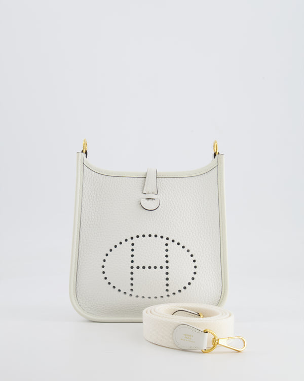 Hermès Mini Evelyne Bag in White Clemence Leather with Gold Hardware and White Canvas Strap