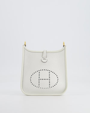 Hermès Mini Evelyne Bag in White Clemence Leather with Gold Hardware and White Canvas Strap