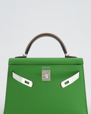 *RARE* Hermès Mini Kelly II Tricolour 20cm Bag In Vert Yucca, Vert Fizz and Etoupe Epsom Leather with Palladium Hardware