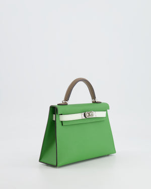 *RARE* Hermès Mini Kelly II Tricolour 20cm Bag In Vert Yucca, Vert Fizz and Etoupe Epsom Leather with Palladium Hardware