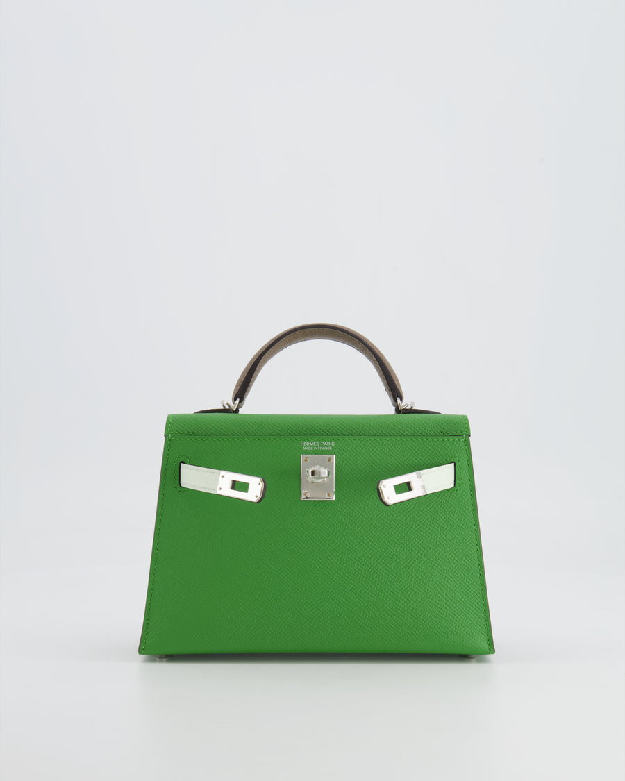 *RARE* Hermès Mini Kelly II Tricolour 20cm Bag In Vert Yucca, Vert Fizz and Etoupe Epsom Leather with Palladium Hardware