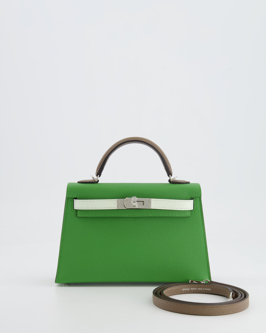 *RARE* Hermès Mini Kelly II Tricolour 20cm Bag In Vert Yucca, Vert Fizz and Etoupe Epsom Leather with Palladium Hardware