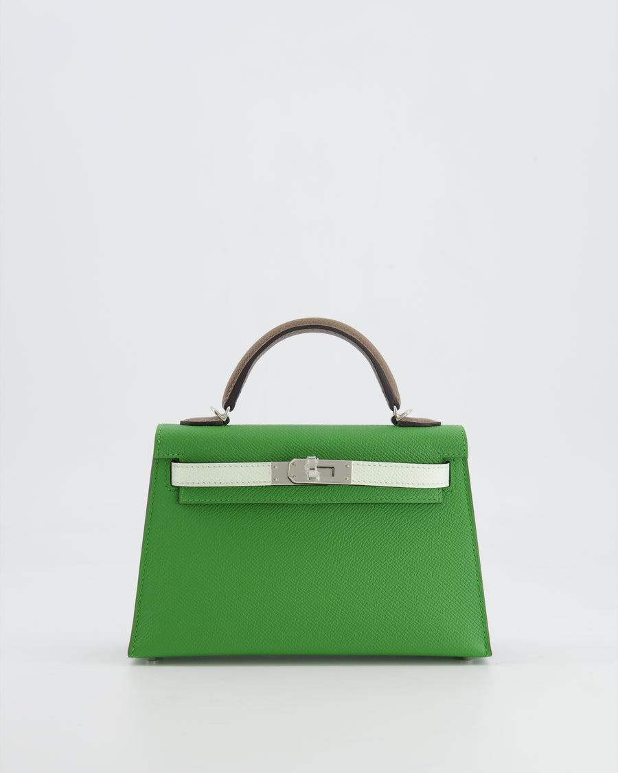 *RARE* Hermès Mini Kelly II Tricolour 20cm Bag In Vert Yucca, Vert Fizz and Etoupe Epsom Leather with Palladium Hardware