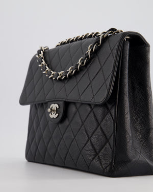 Chanel Black Vintage Quilted Caviar Square Jumbo Classic Single Flap Bag with Silver Hardware