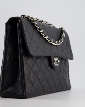 Chanel Black Vintage Quilted Caviar Square Jumbo Classic Single Flap Bag with Silver Hardware