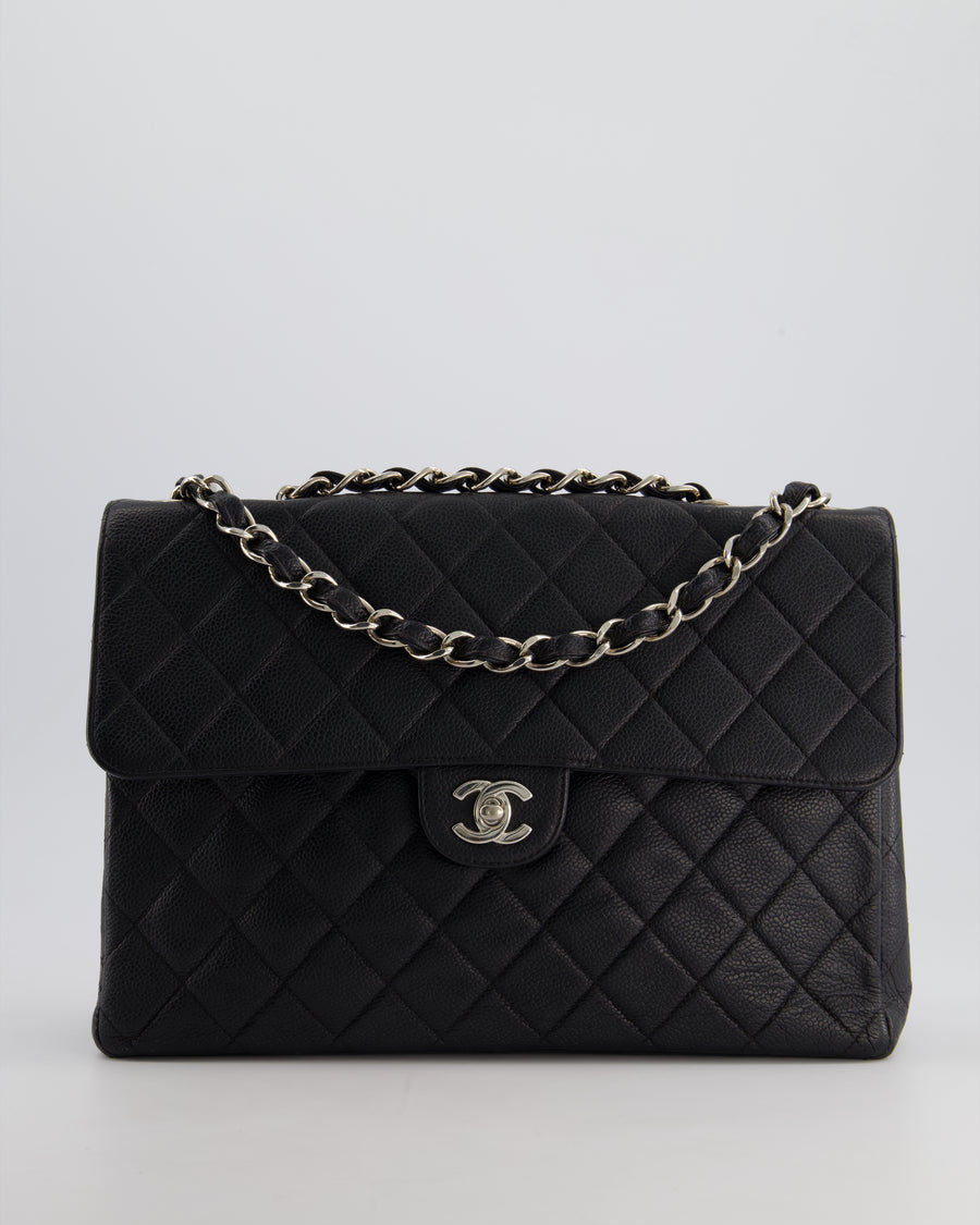 Chanel Black Vintage Quilted Caviar Square Jumbo Classic Single Flap Bag with Silver Hardware