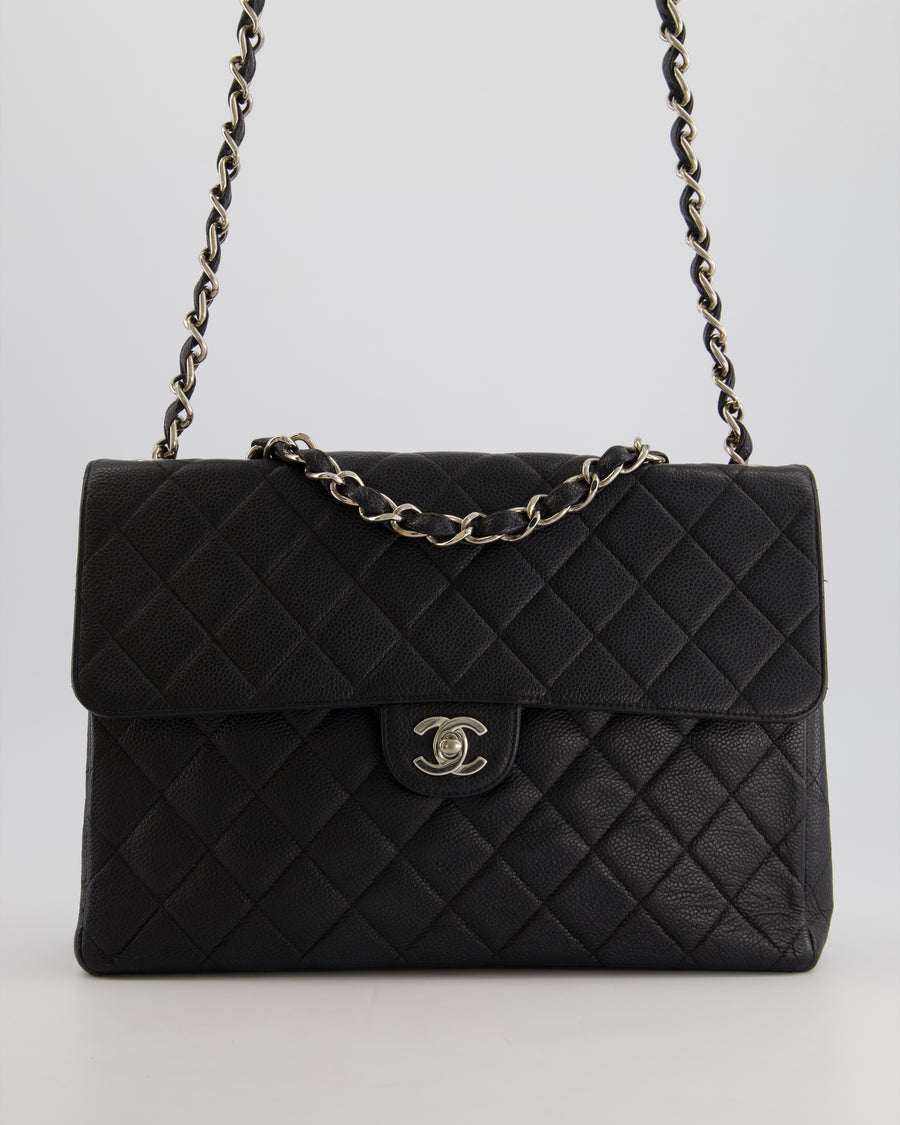 Chanel Black Vintage Quilted Caviar Square Jumbo Classic Single Flap Bag with Silver Hardware