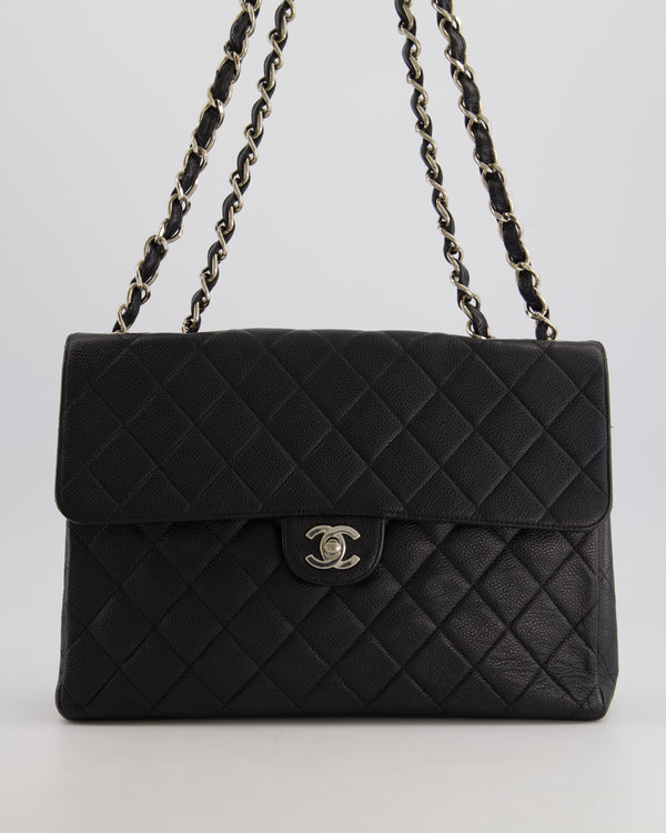 Chanel Black Vintage Quilted Caviar Square Jumbo Classic Single Flap Bag with Silver Hardware