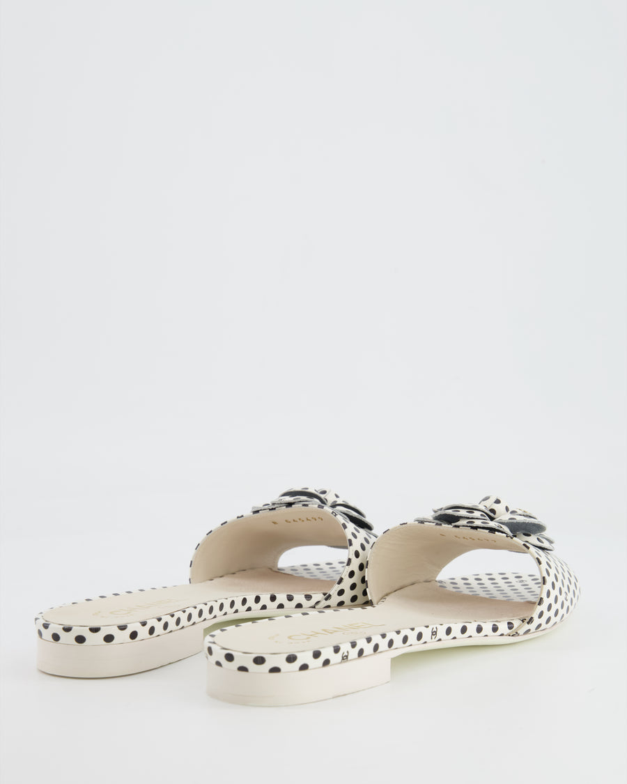 Chanel Black & White Polkadot Camelia Leather Slides with CC Detail Size 39.5