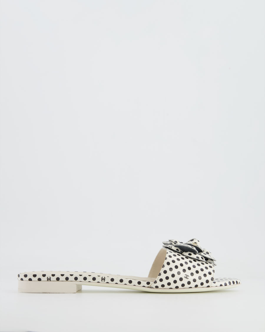 Chanel Black & White Polkadot Camelia Leather Slides with CC Detail Size 39.5