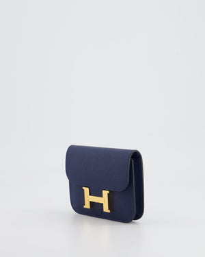 Hermès Constance Slim Belt Wallet Bag in Bleu Nuit Epsom Leather with Pocket and Gold Hardware