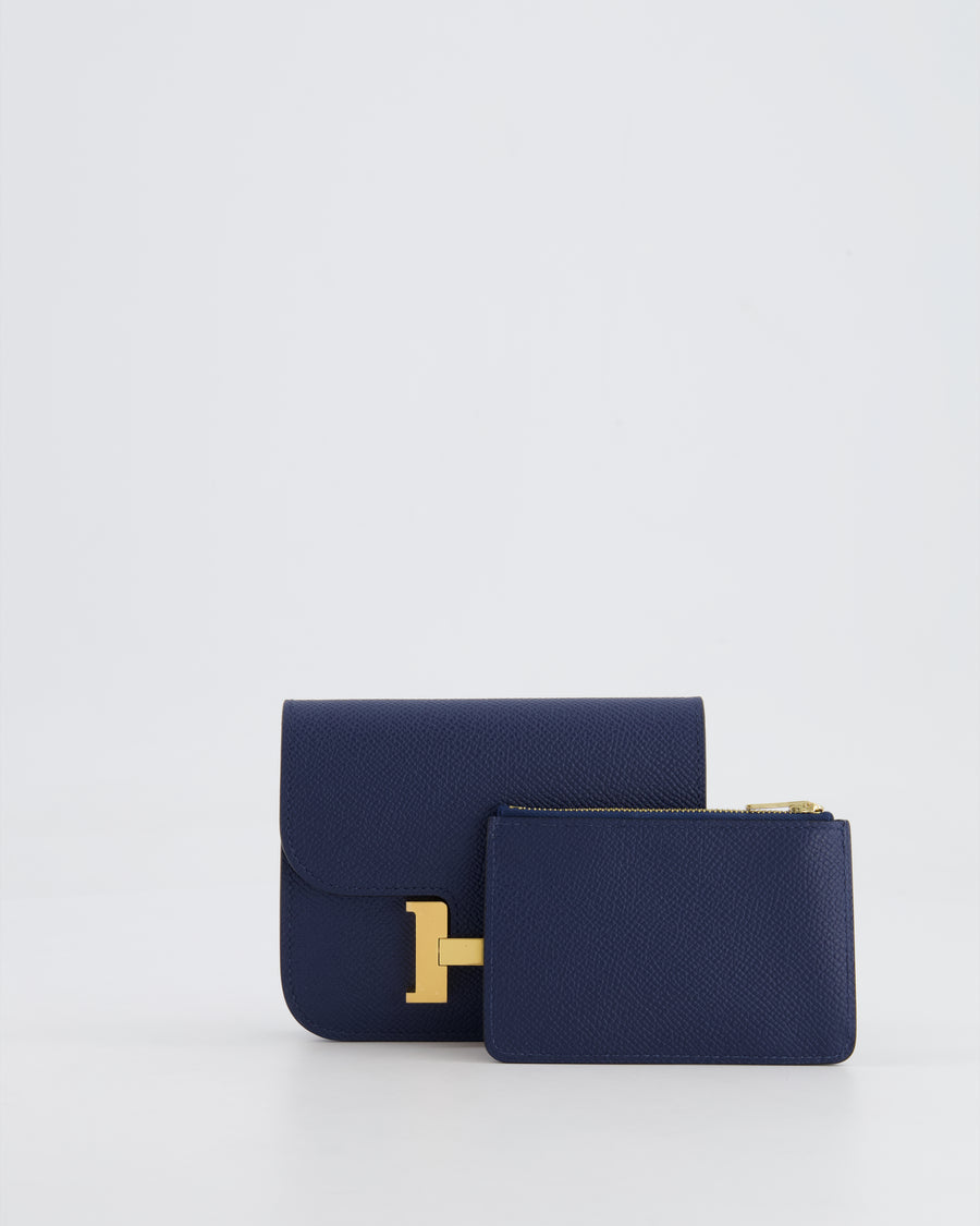 Hermès Constance Slim Belt Wallet Bag in Bleu Nuit Epsom Leather with Pocket and Gold Hardware