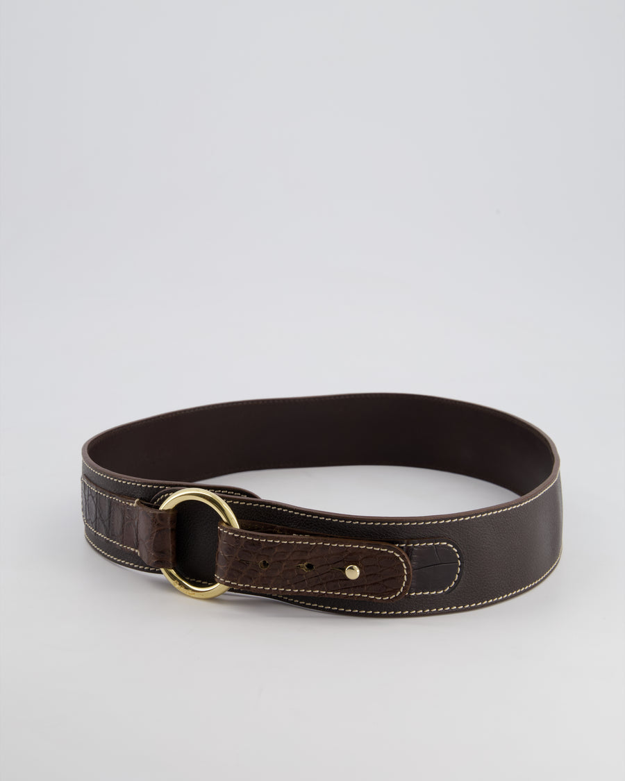 Loro Piana Dark Brown Leather and Crocodile Belt Size 85cm