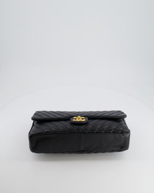 Chanel Black Large Single Flap Bag in Chevron Lambskin Leather with Gold Hardware and CC Medallion Detail