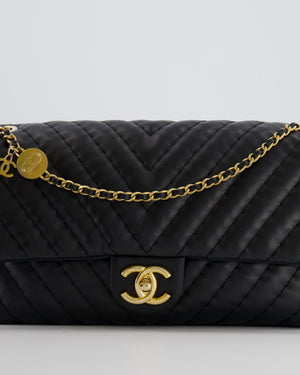 Chanel Black Large Single Flap Bag in Chevron Lambskin Leather with Gold Hardware and CC Medallion Detail