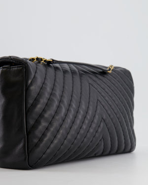 Chanel Black Large Single Flap Bag in Chevron Lambskin Leather with Gold Hardware and CC Medallion Detail