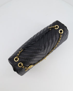 Chanel Black Large Single Flap Bag in Chevron Lambskin Leather with Gold Hardware and CC Medallion Detail