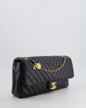 Chanel Black Large Single Flap Bag in Chevron Lambskin Leather with Gold Hardware and CC Medallion Detail