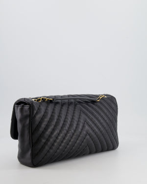 Chanel Black Large Single Flap Bag in Chevron Lambskin Leather with Gold Hardware and CC Medallion Detail