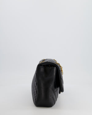 Chanel Black Large Single Flap Bag in Chevron Lambskin Leather with Gold Hardware and CC Medallion Detail