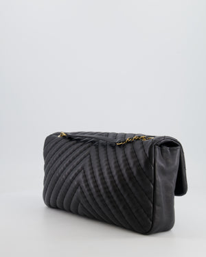 Chanel Black Large Single Flap Bag in Chevron Lambskin Leather with Gold Hardware and CC Medallion Detail