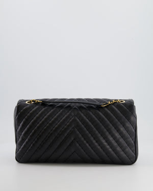 Chanel Black Large Single Flap Bag in Chevron Lambskin Leather with Gold Hardware and CC Medallion Detail