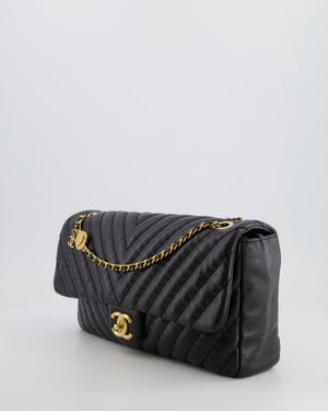 Chanel Black Large Single Flap Bag in Chevron Lambskin Leather with Gold Hardware and CC Medallion Detail