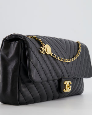 Chanel Black Large Single Flap Bag in Chevron Lambskin Leather with Gold Hardware and CC Medallion Detail